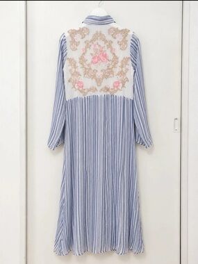 ANDREE BY UNIT Blue & White Striped Shirt with Pink Floral Embroidery
